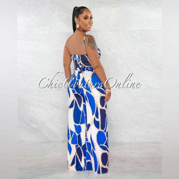 NAVY BLUE PRINT SILKY WIDE LEGS JUMPSUIT - Picture 2 of 2